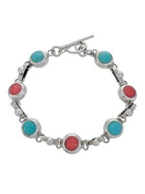Vintage Mexican Sterling Silver Coral Magnesite Link Bracelet 6.5"